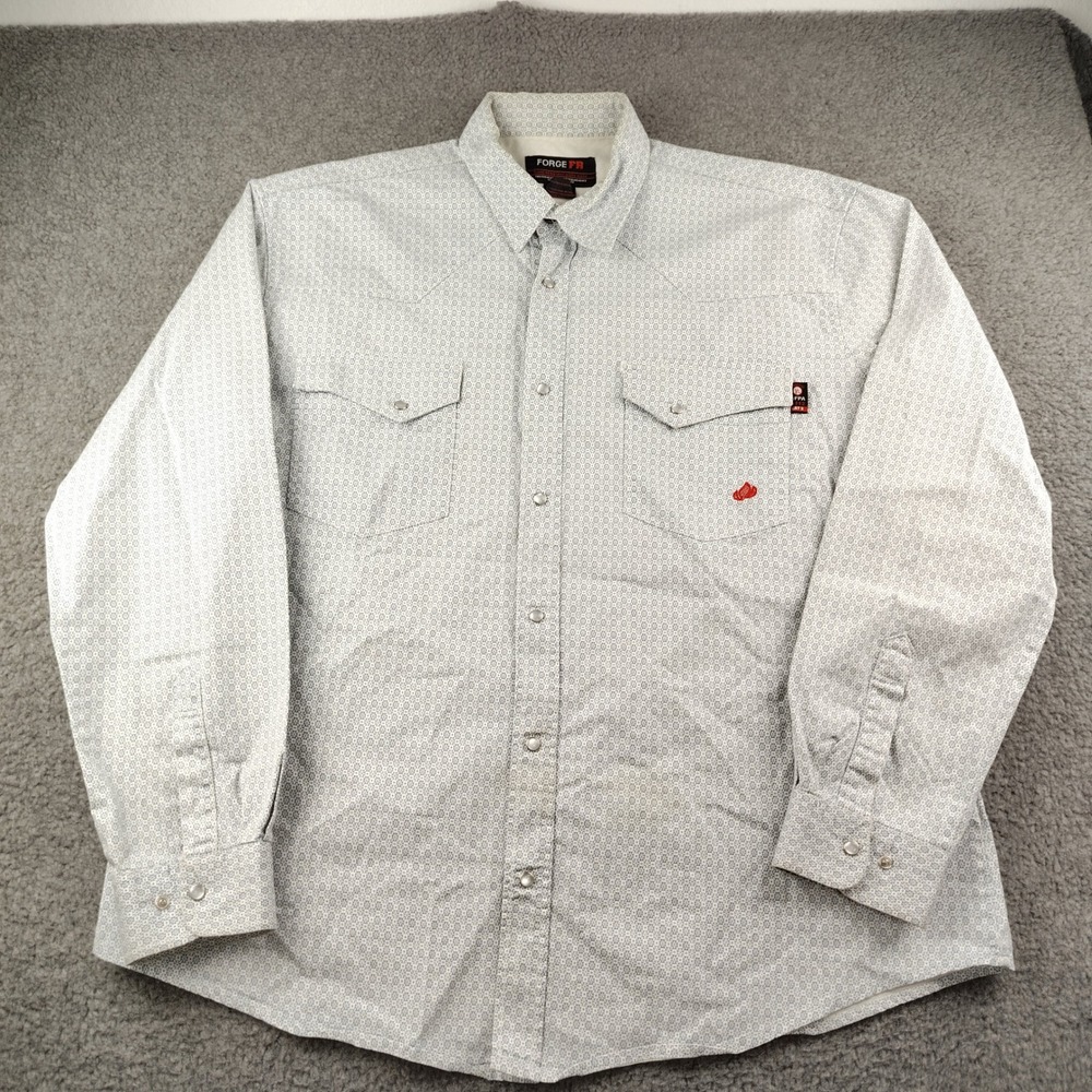 Forge FR Flame Resistant Work Shirt Mens 3XL White Blue Geometric Pearl Snap